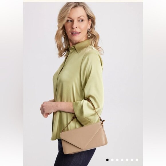 Laura Flared Sleeve Satin Blouse Moss Green - Picture 2 of 10
